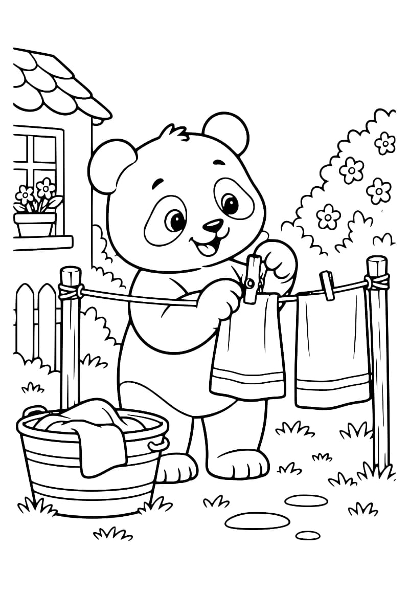 Dessin au trait d’un panda tenant une pince à linge pour fixer une serviette sur une corde où pend une seconde serviette, avec une bassine de linge à ses pieds, une maison et des buissons fleuris en arrière-plan.