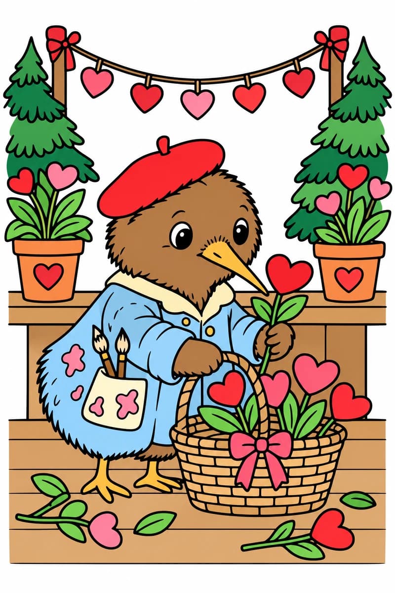 Koloriwi tient une fleur en forme de cœur devant un panier rempli de fleurs similaires, dans un décor de Saint-Valentin. (exemple colorié)