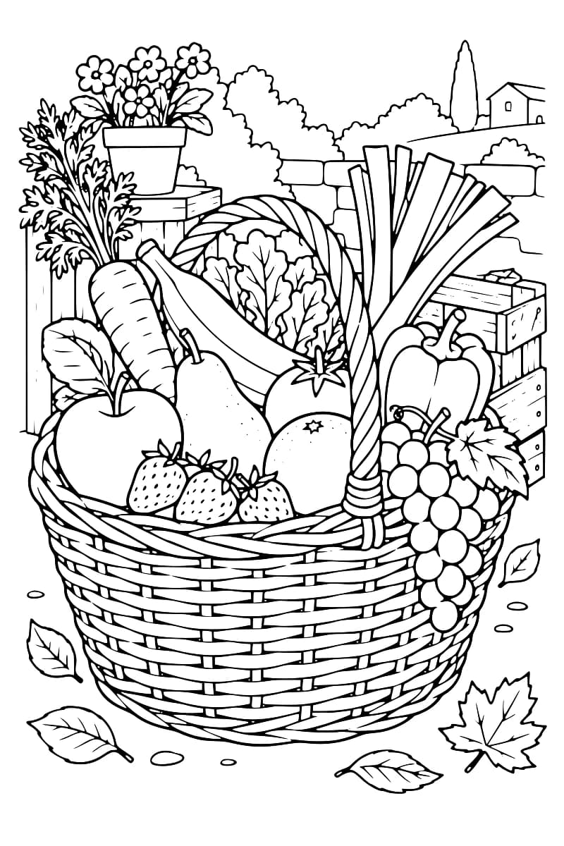 Dessin en noir et blanc représentant un grand panier rempli de tomates, fraises, raisins, poire, pomme, poivron, radis et légumes-feuilles, avec des fleurs et des cagettes à l’arrière-plan.