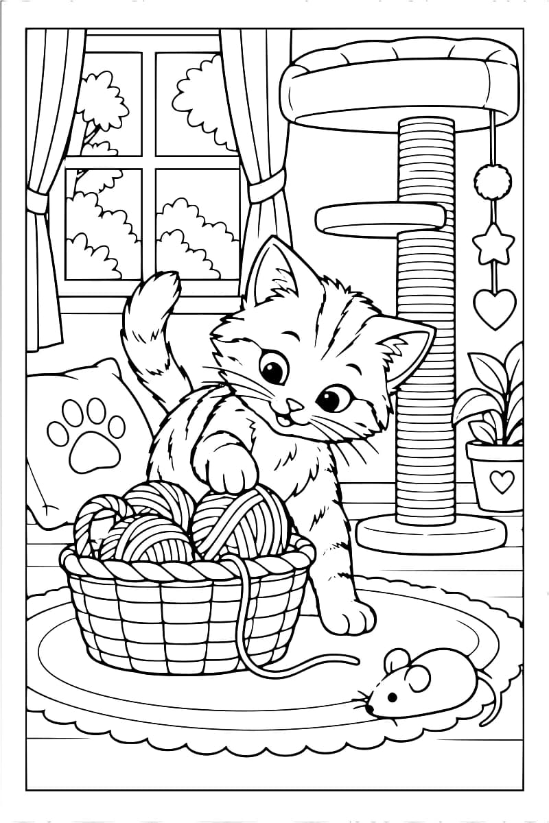 Chaton jouant avec un panier de pelotes, entouré d’un griffoir, d’un coussin, d’une fenêtre et d’une petite souris.