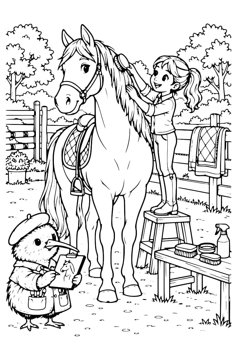 Dessin en noir et blanc d’une enfant brossant un grand cheval dans une carrière, avec un kiwi tenant un carnet et du matériel de pansage au premier plan.