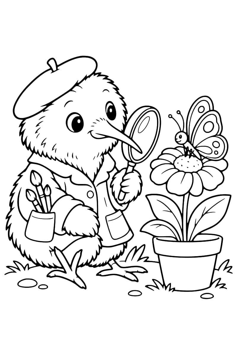 Dessin en noir et blanc d’un kiwi portant un béret et une veste avec des pinceaux dans une poche, tenant une loupe devant un papillon posé sur une grande fleur en pot.