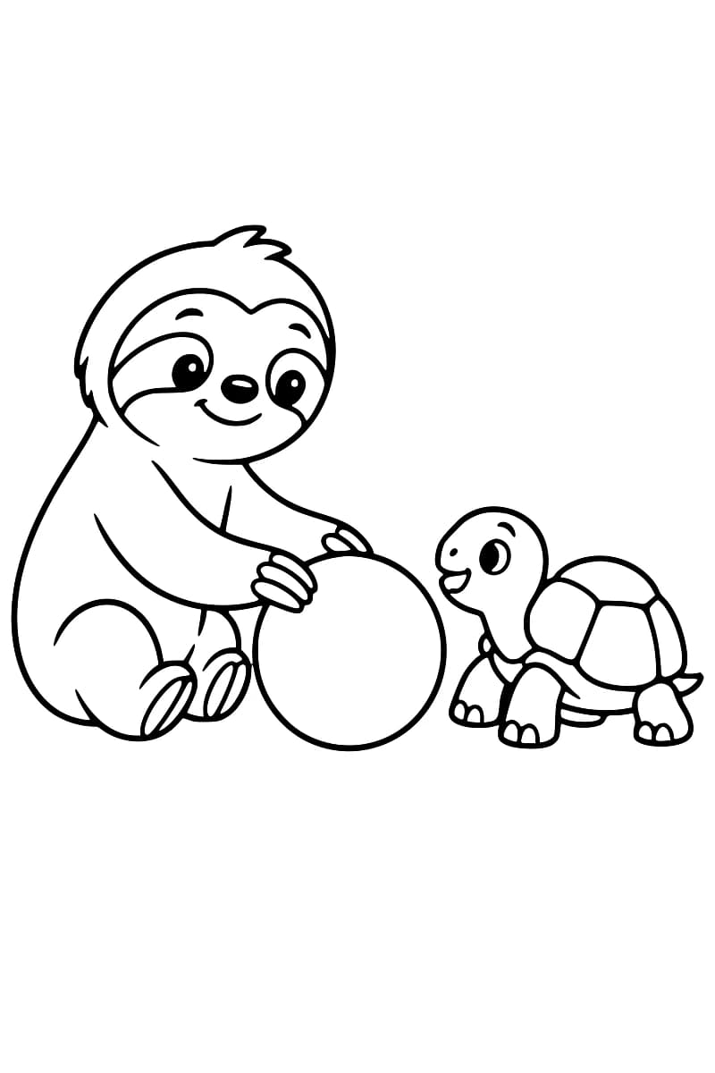 Dessin à colorier en noir et blanc d’un paresseux assis à gauche, les pattes sur un gros ballon rond, face à une petite tortue à droite.