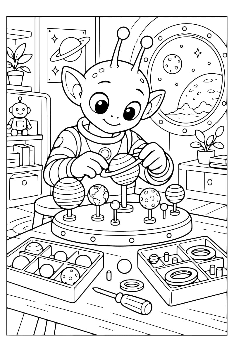 Dessin au trait d’un extraterrestre souriant à deux antennes assemblant une planète à anneau parmi plusieurs planètes sur des supports. Des pièces et un tournevis sont posés sur l’établi, tandis qu’un hublot donne sur l’espace.