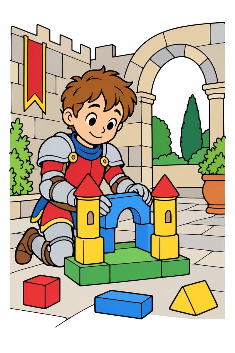 Dessin en noir et blanc d’un jeune chevalier en armure construisant un château de blocs avec deux tours et une porte voûtée, devant des remparts et une grande arche. (exemple colorié)