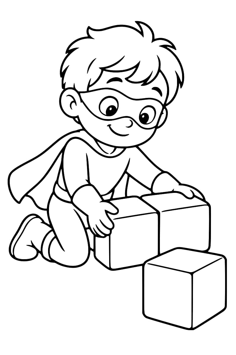 Dessin en noir et blanc d’un enfant souriant, portant un masque et une cape, à genoux avec les mains sur deux gros cubes côte à côte et un troisième cube au premier plan.