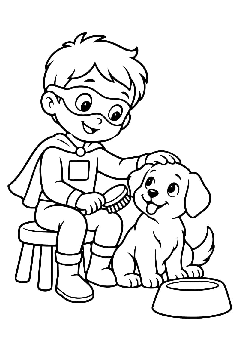 Dessin en noir et blanc d’un enfant souriant portant un masque, une cape et des bottes, assis sur un tabouret avec une brosse à la main et l’autre main sur la tête d’un chien assis, la langue sortie, devant une gamelle.