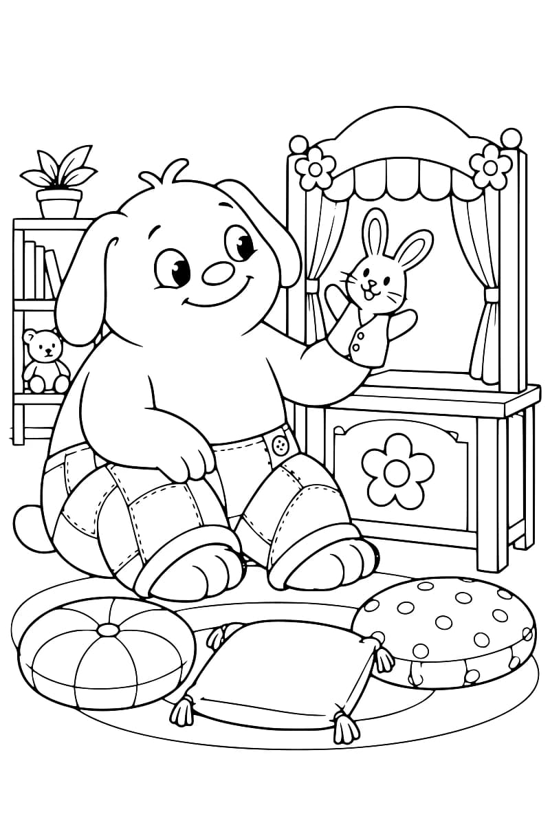 Un monstre souriant assis devant un théâtre de marionnettes lève une patte vers un lapin, avec une étagère de jouets et des coussins autour de lui.