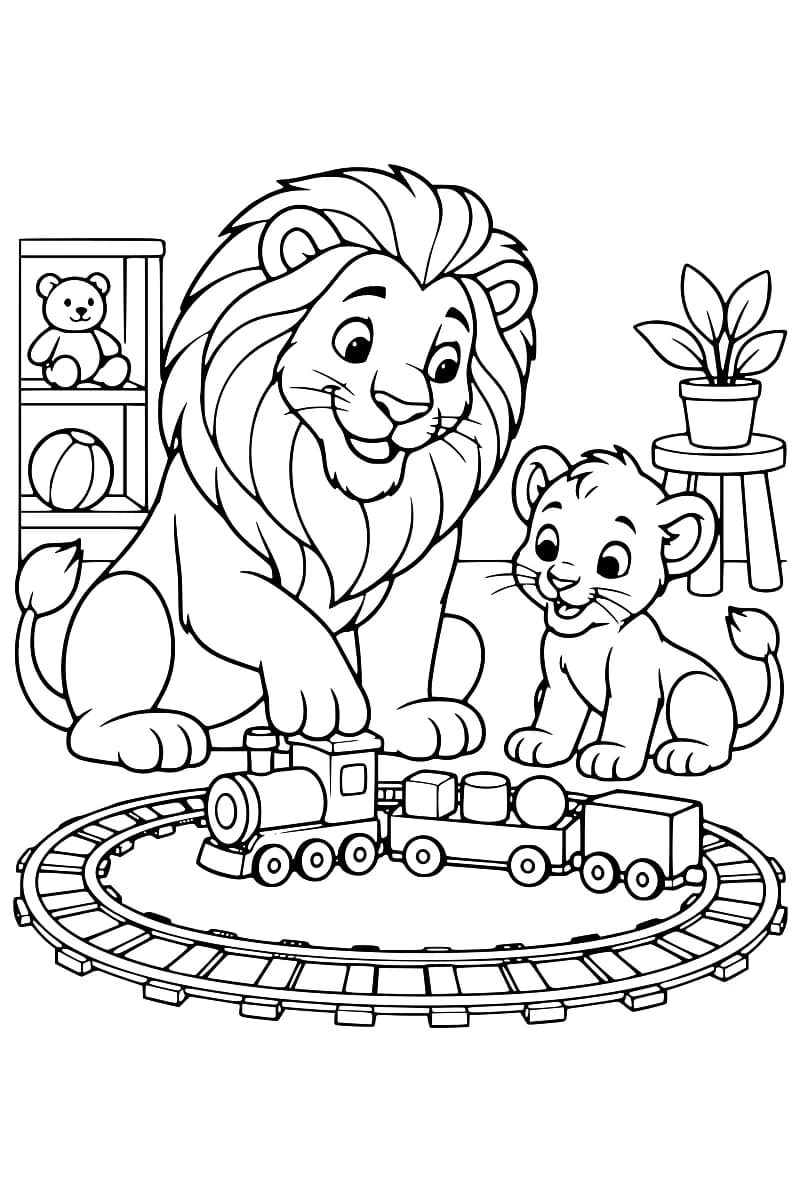 Dessin en noir et blanc d’un lion et d’un lionceau devant un train miniature sur des rails ovales, avec des formes géométriques dans un wagon, une étagère de jouets à gauche et une plante en pot sur un tabouret à droite.
