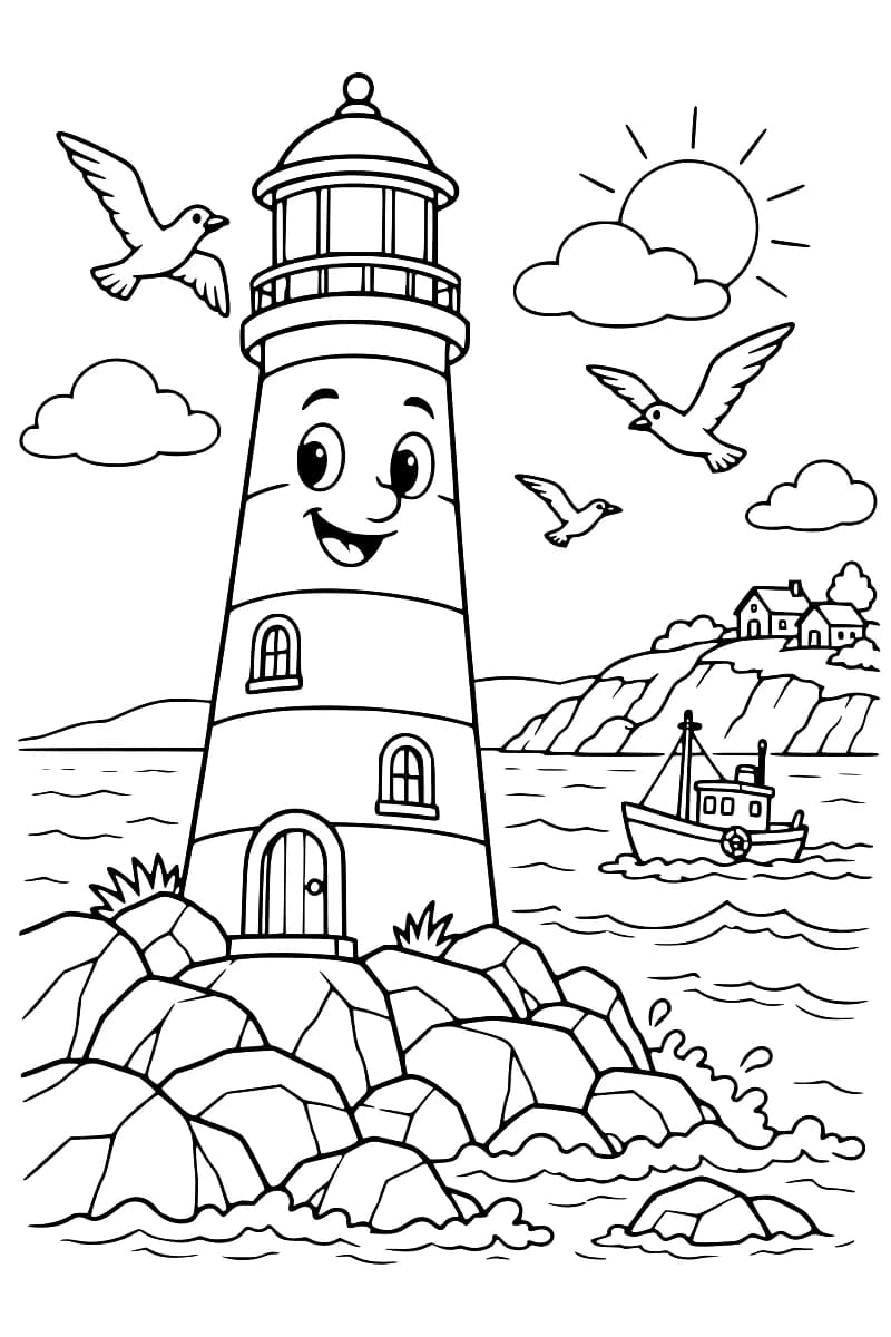 Dessin en noir et blanc représentant un phare sur des rochers, avec des mouettes, un bateau de pêche, la mer et des maisons sur la côte.