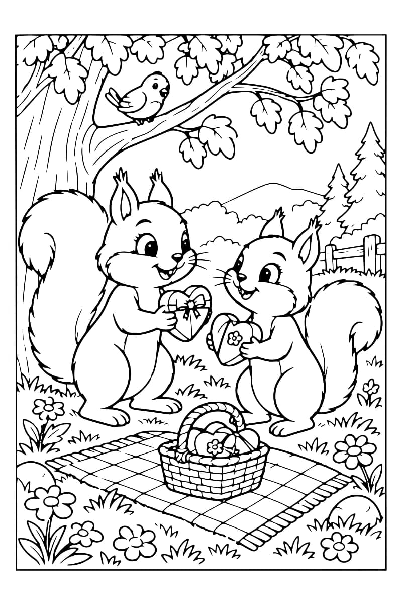 Coloriage de deux écureuils échangeant des cadeaux fleuris sur une couverture de pique-nique, avec un panier et un oiseau dans l’arbre.