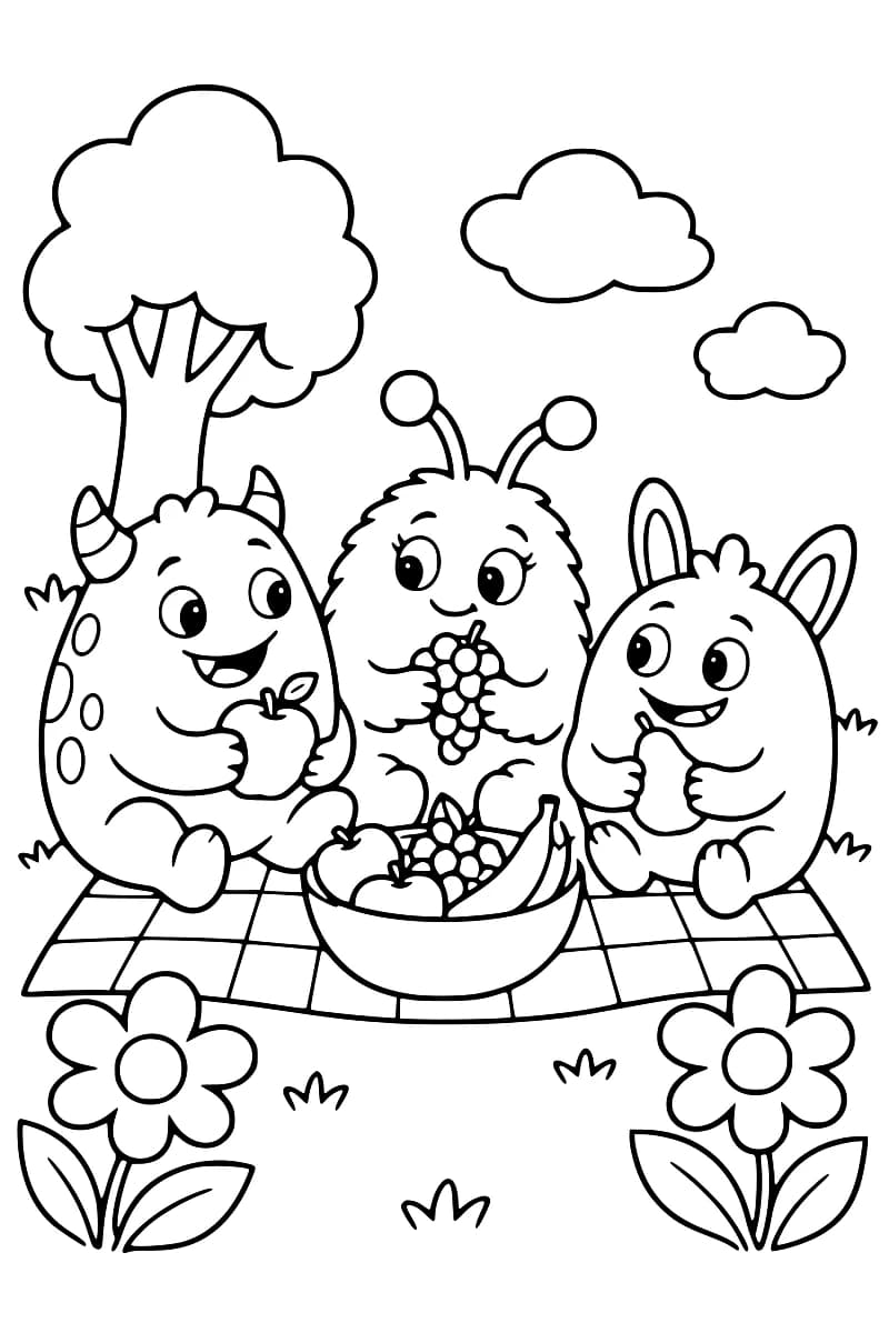 Dessin en noir et blanc de trois monstres souriants assis sur une couverture à carreaux autour d’un bol de fruits, avec un arbre et des fleurs.
