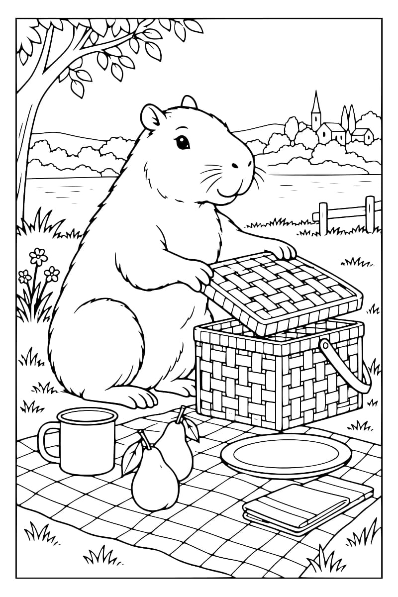 Dessin à colorier d’un capybara assis tenant le couvercle entrouvert d’un panier en osier, devant une nappe à carreaux avec une tasse, deux poires, une assiette et des serviettes pliées ; à l’arrière-plan, un arbre, des fleurs, une clôture et un village au bord de l’eau.