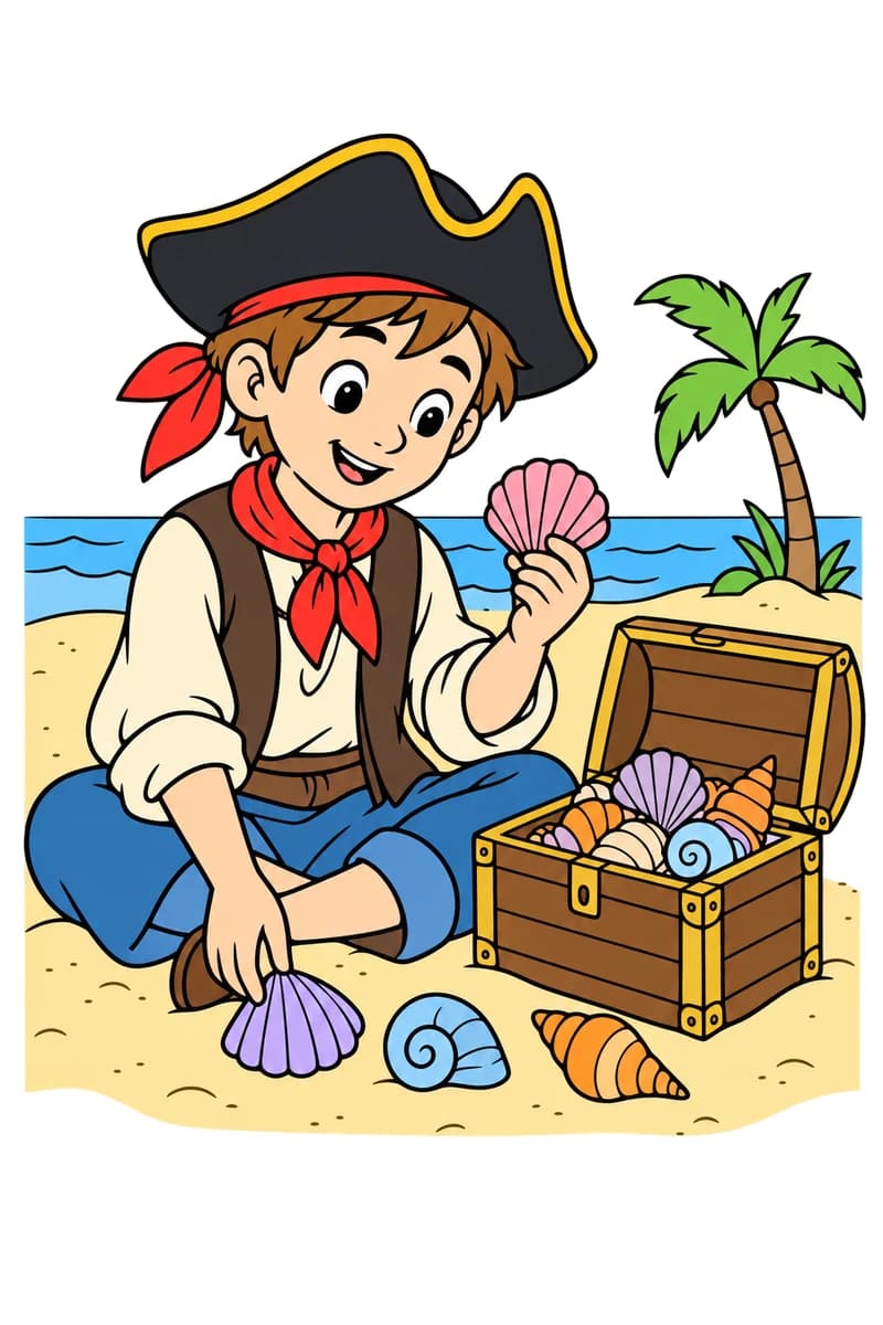 Dessin en noir et blanc d’un pirate souriant assis sur le sable, tenant un coquillage devant un coffre ouvert, avec une île et un palmier en arrière-plan. (exemple colorié)