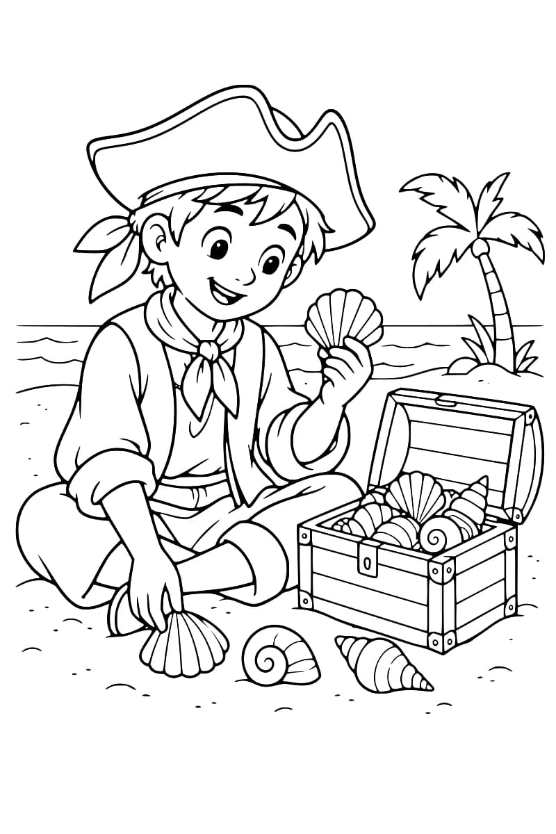 Dessin en noir et blanc d’un pirate souriant assis sur le sable, tenant un coquillage devant un coffre ouvert, avec une île et un palmier en arrière-plan.