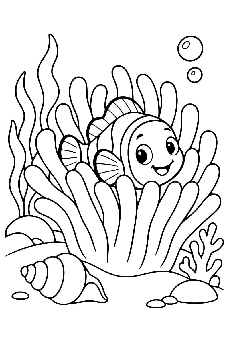 Dessin en noir et blanc d’un poisson-clown dans une anémone, avec des algues, des coraux, un coquillage et des bulles.