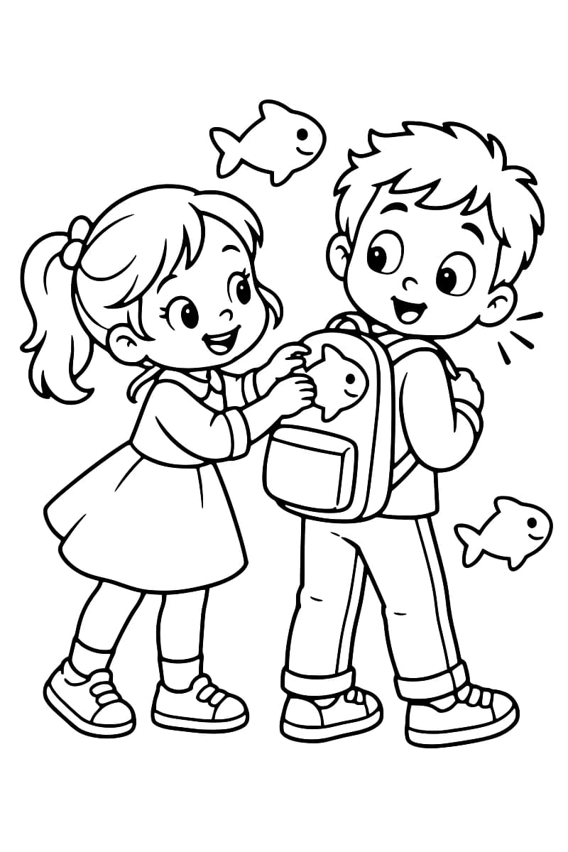 Dessin en noir et blanc de deux enfants, avec une fille plaçant un poisson en papier sur le sac à dos d’un garçon, tandis que deux autres poissons les entourent.