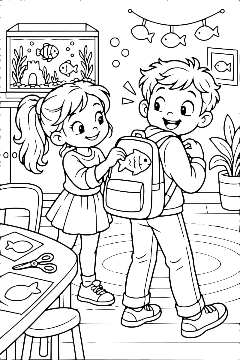 Coloriage en noir et blanc montrant une fillette qui fixe un poisson en papier sur le sac à dos d’un garçon, près d’une table avec des ciseaux et des découpages.