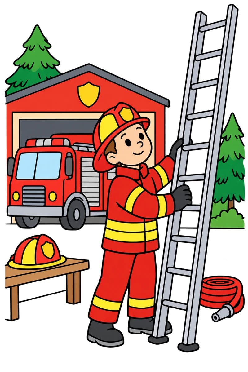 Dessin à colorier d’un pompier casqué tenant une grande échelle devant une caserne et un camion de pompiers, avec un casque sur un banc, un tuyau enroulé au sol et des sapins. (exemple colorié)