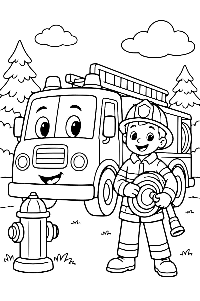 Dessin à colorier représentant un pompier avec une lance, un camion de pompiers, une borne hydrante et des sapins.