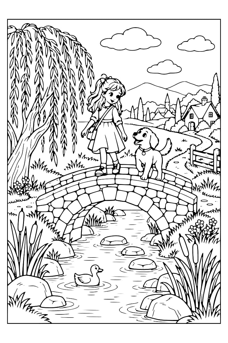 Dessin en noir et blanc d’une enfant et d’un chien sur un pont de pierres, avec un ruisseau, un canard, des roseaux, un grand saule et un village en arrière-plan.