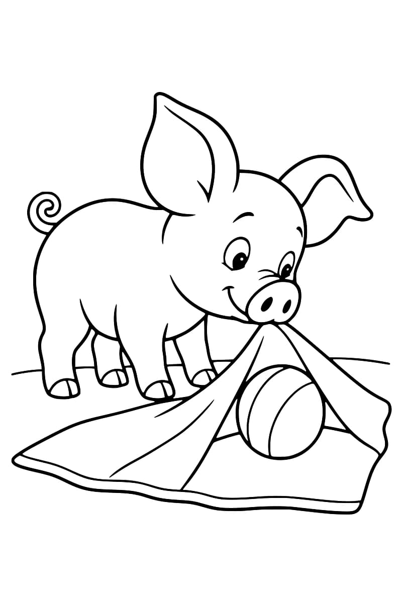 Dessin en noir et blanc d’un porcelet souriant qui soulève une couverture avec son groin, laissant voir une balle à rayures en dessous.