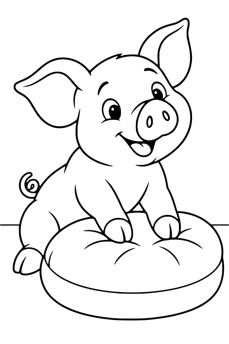 Dessin en noir et blanc d’un porcelet souriant aux grandes oreilles et à la queue en tire-bouchon, les deux pattes avant posées sur un coussin rond et moelleux.