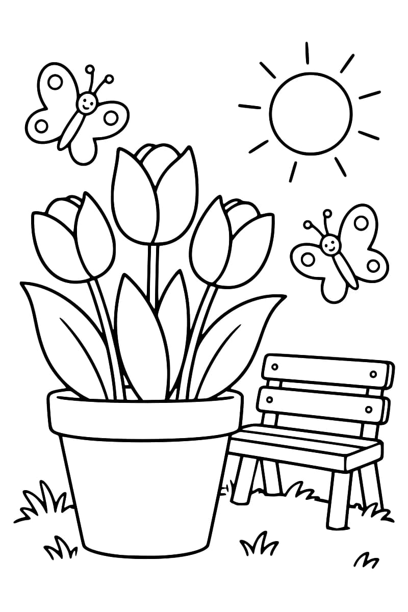 Dessin en noir et blanc d’un grand pot contenant trois tulipes, avec un banc, deux papillons et un soleil.