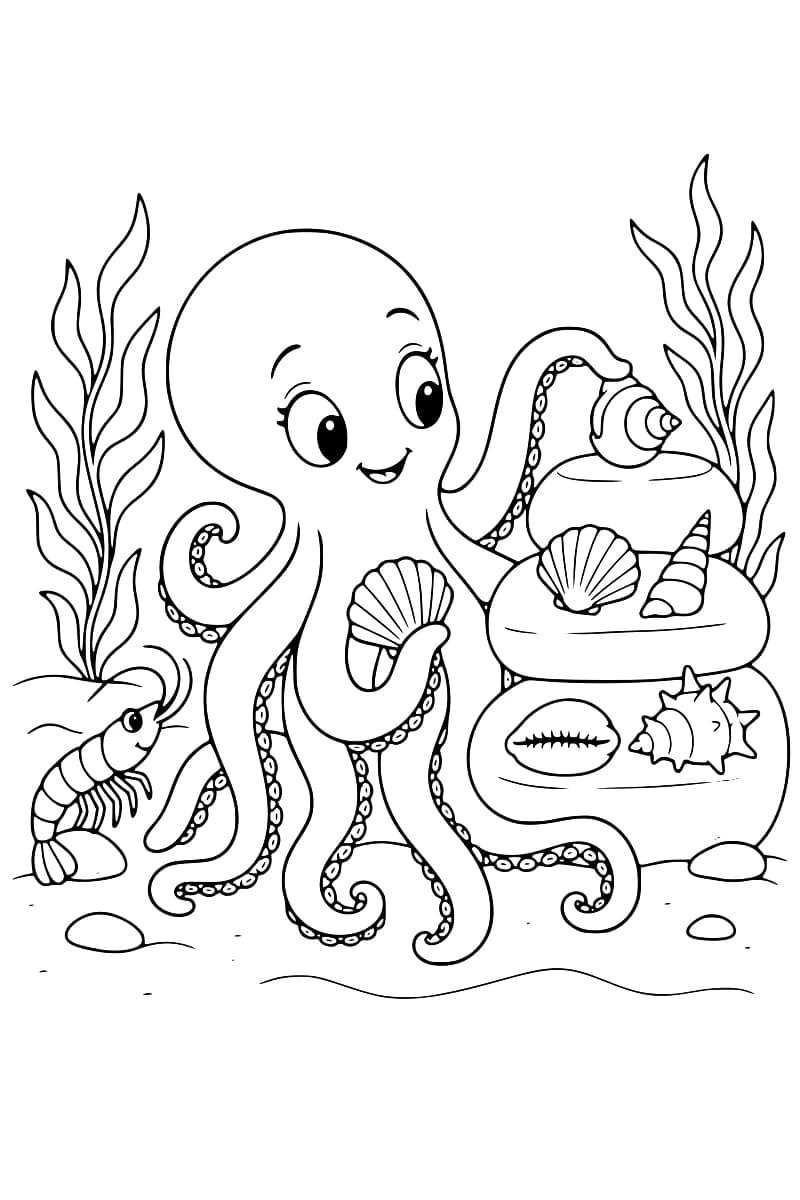 Dessin au trait noir d’un poulpe souriant tenant deux coquillages près de trois pierres empilées où sont posés d’autres coquillages, avec une crevette à gauche et des algues de chaque côté.