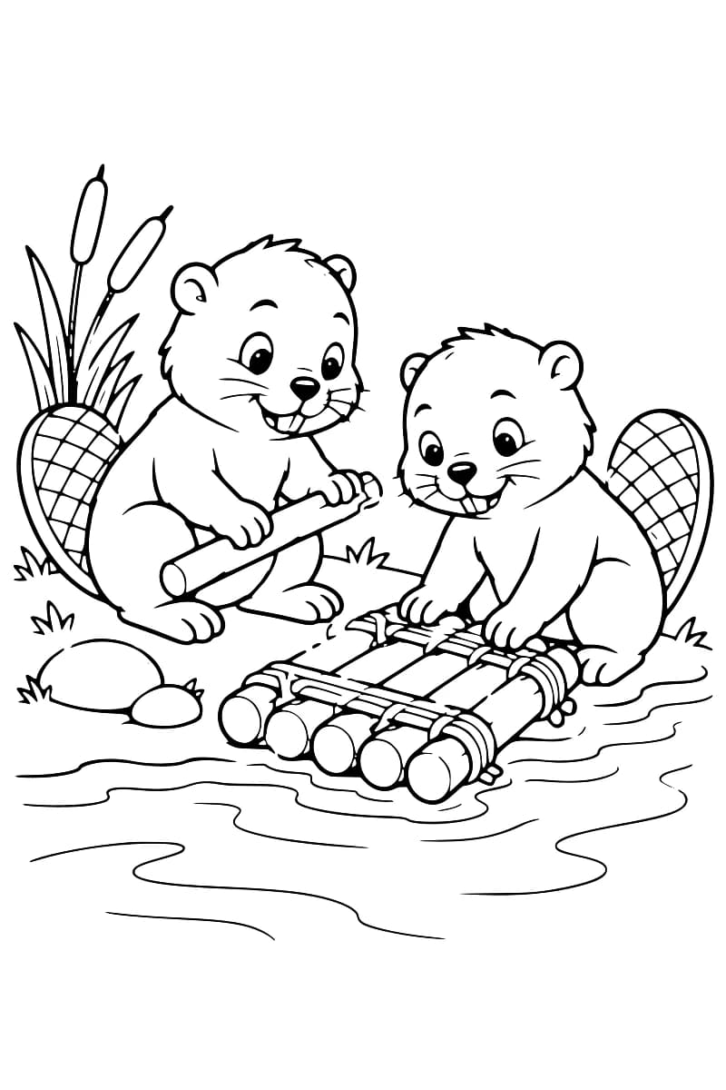 Dessin en noir et blanc de deux petits castors près d’un radeau de rondins attachés par des cordes : l’un tient un rondin et l’autre pose ses pattes sur le radeau, avec des roseaux et des pierres sur la berge.
