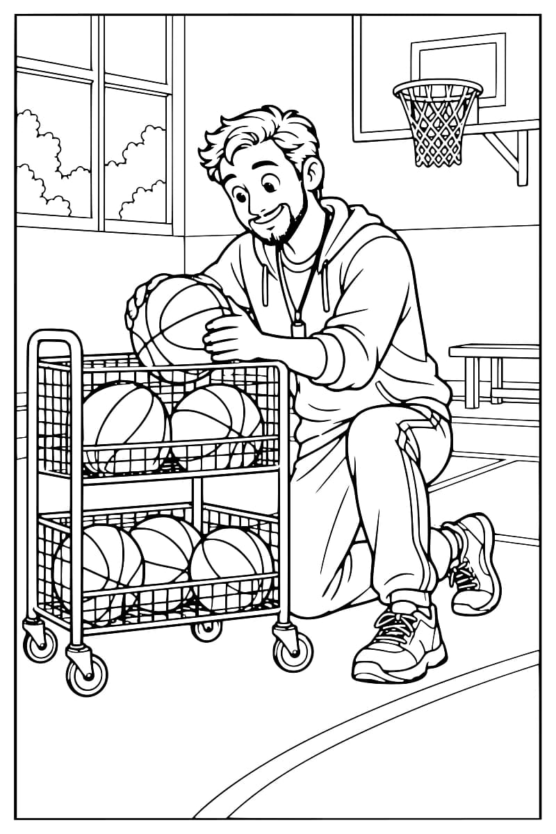 Dessin en noir et blanc d’un entraîneur souriant, un genou au sol, déposant un ballon dans un chariot à roulettes rempli de ballons de basket, avec un panier, un banc et des fenêtres en arrière-plan.