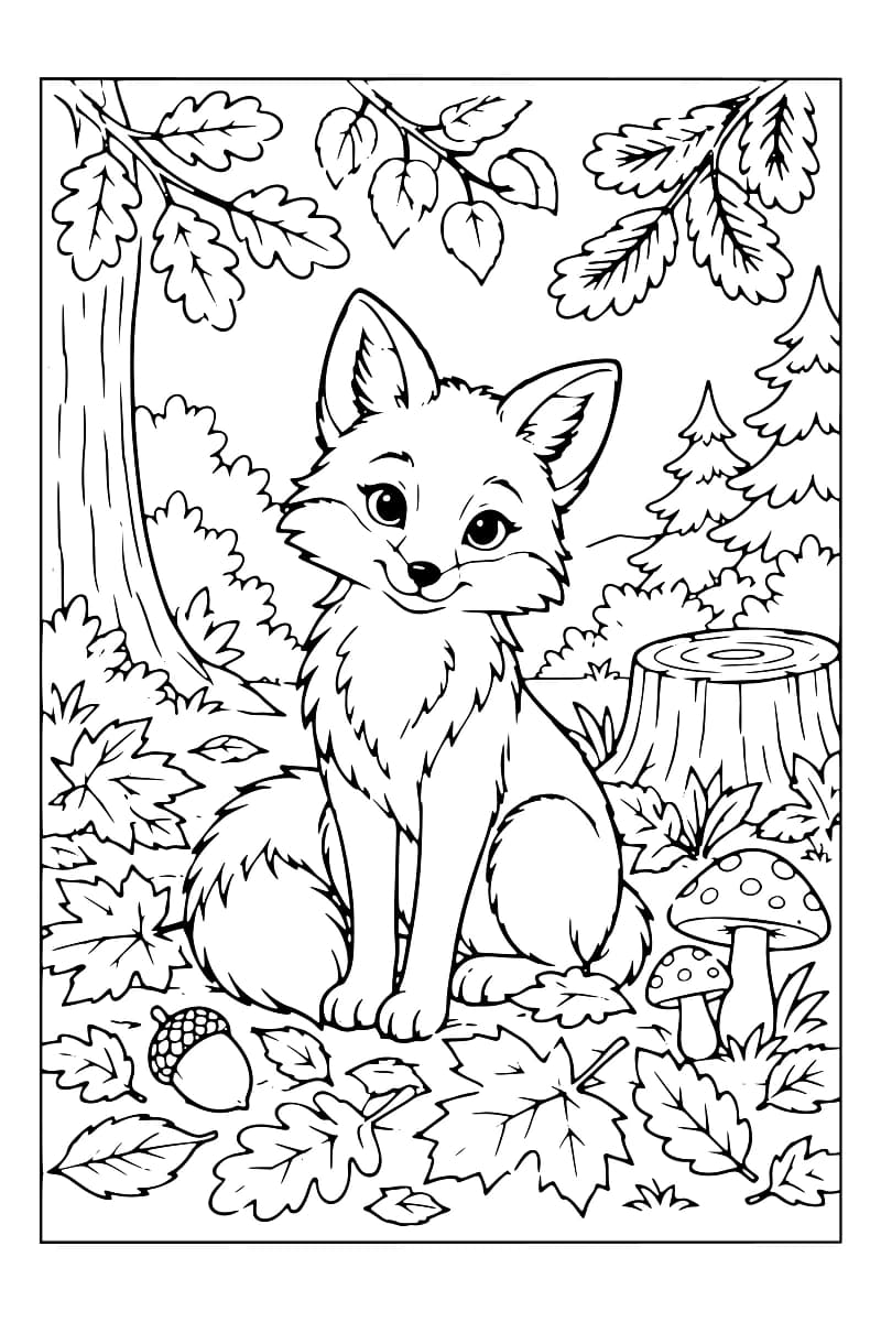 Dessin en noir et blanc d’un renard assis au milieu d’un décor forestier avec des feuilles, des champignons, un gland et des arbres.