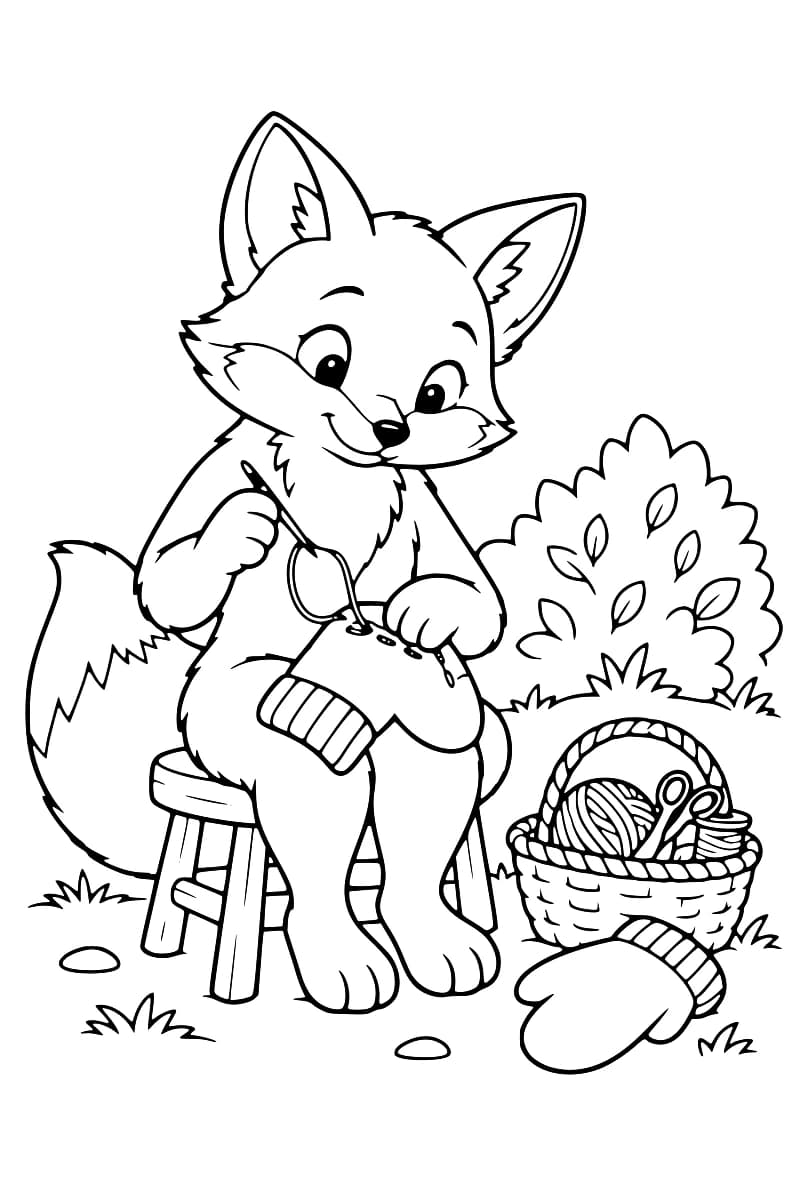 Dessin en noir et blanc d’un renard souriant assis sur un tabouret, une moufle sur les genoux et une aiguille à la main. À côté de lui, un panier contient une pelote, des ciseaux et une bobine de fil ; une seconde moufle est posée au sol devant un buisson.
