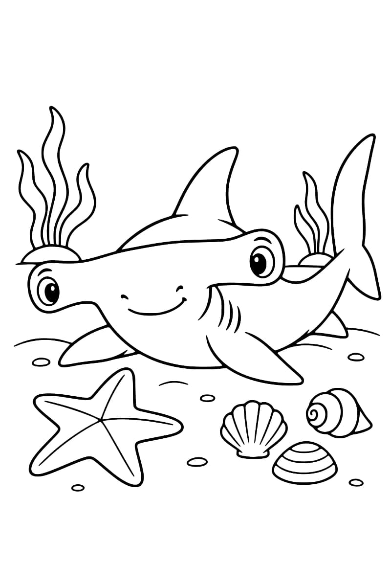 Dessin en noir et blanc d’un requin-marteau posé sur le fond marin avec une étoile de mer, des algues et plusieurs coquillages.