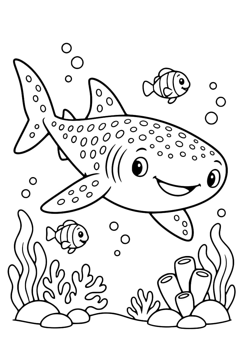 Dessin à colorier représentant un grand requin-baleine tacheté avec deux petits poissons dans un décor sous-marin.