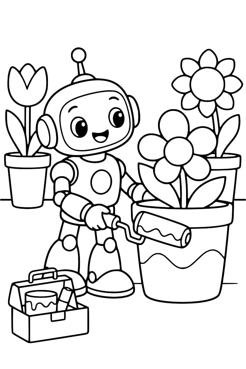 Un robot avec un rouleau peint un grand pot contenant des fleurs, avec deux autres plantes en pot autour de lui.