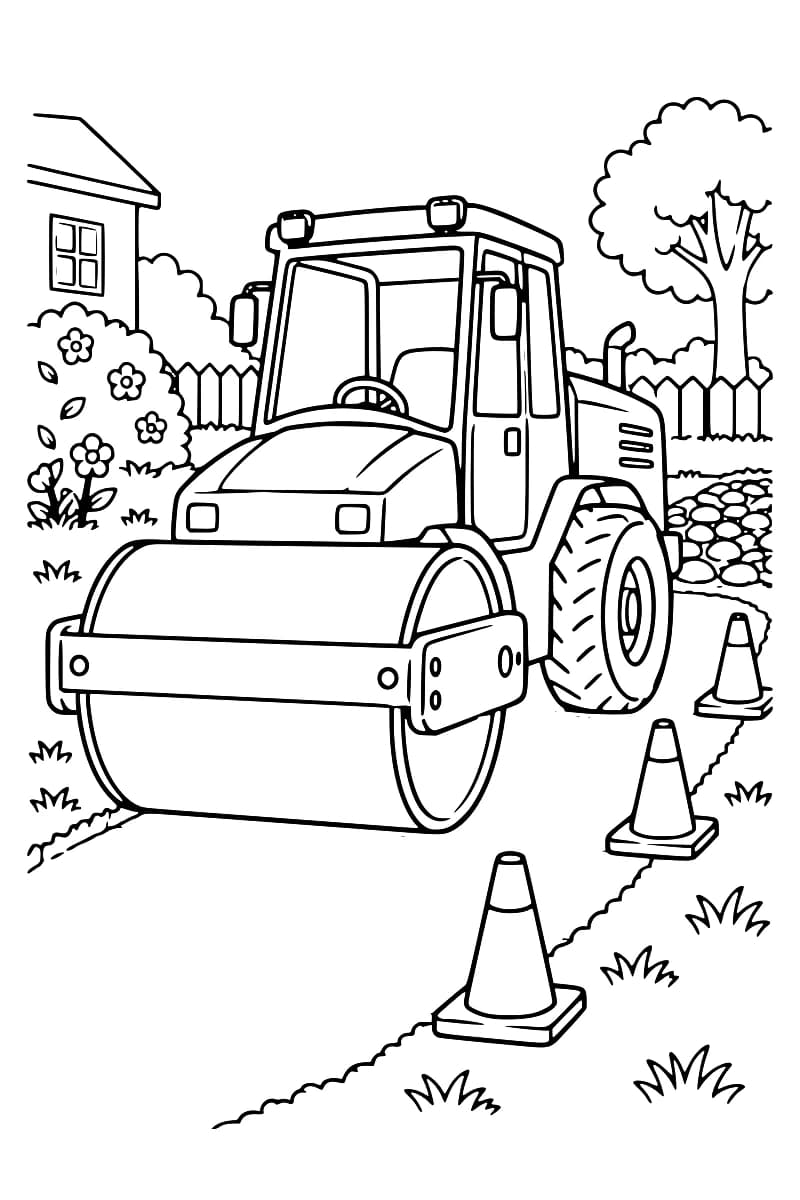 Dessin en noir et blanc d’un rouleau compresseur vu de trois quarts sur une allée, avec trois cônes, une maison, une clôture et des arbres.