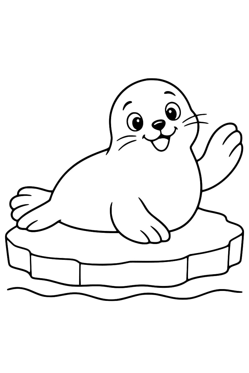 Dessin au trait noir sur fond blanc d’un phoque souriant, une nageoire levée, sur une plaque de glace entourée d’eau.