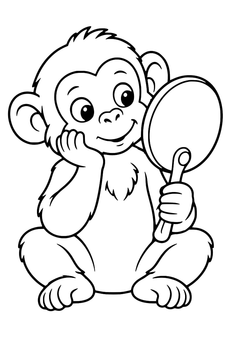 Dessin en noir et blanc d’un petit singe souriant, assis les jambes écartées, une main sur la joue et l’autre tenant un grand miroir ovale.