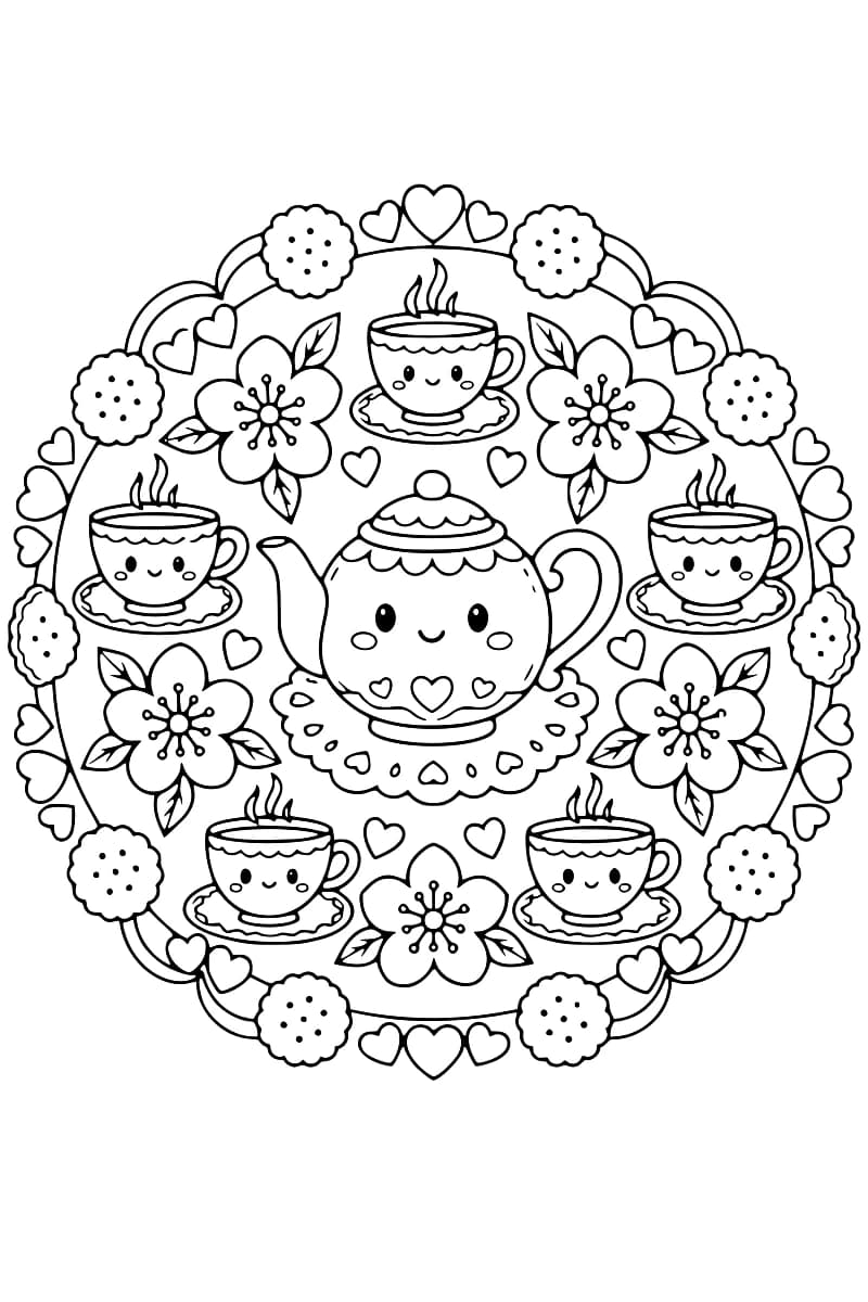 Dessin en noir et blanc d’une théière souriante au centre d’une composition arrondie, entourée de cinq tasses souriantes sur leurs soucoupes, de cinq fleurs avec des feuilles, de petits cœurs et d’une bordure ornée de biscuits.