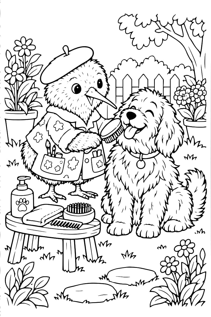 Un kiwi portant une blouse et un béret brosse un chien hirsute dans un jardin fleuri, avec des accessoires de toilettage sur un tabouret.