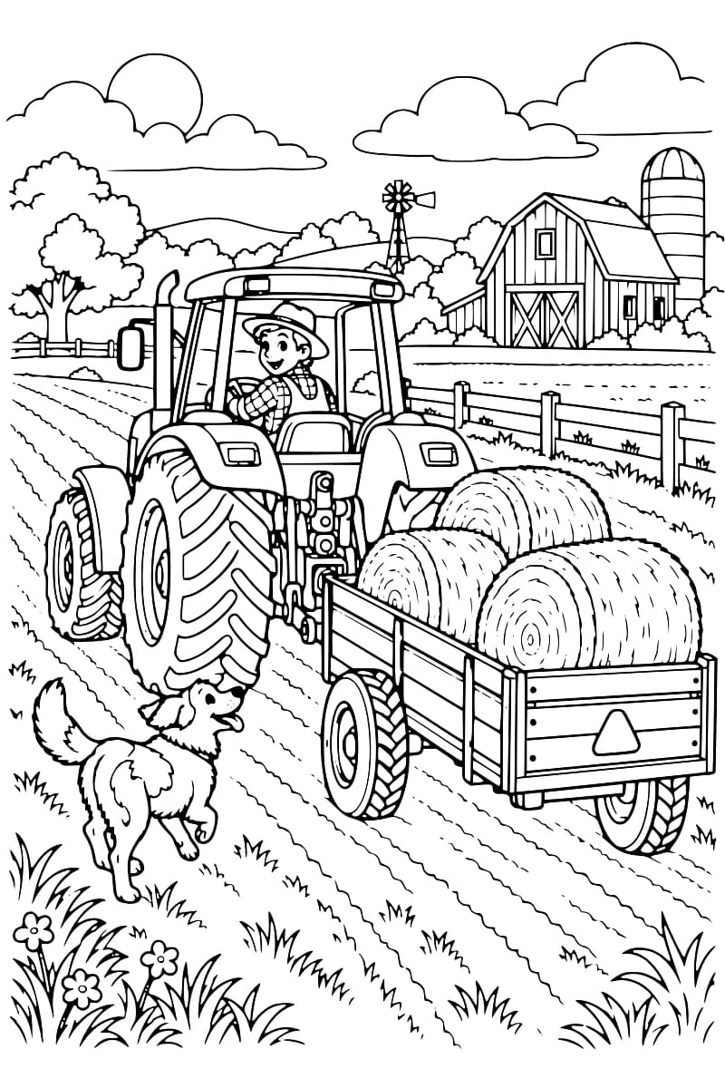 Dessin en noir et blanc montrant un tracteur vu de trois quarts arrière, une remorque remplie de bottes de foin, un chien et une ferme en arrière-plan.