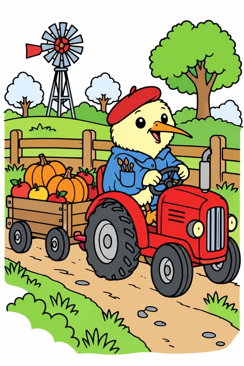 Dessin en noir et blanc d’un oiseau au volant d’un tracteur avec une remorque chargée de pommes et de courges, devant une clôture, des arbres et une éolienne. (exemple colorié)