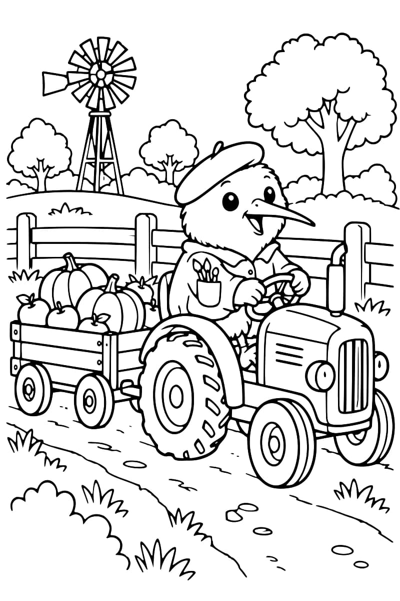 Dessin en noir et blanc d’un oiseau au volant d’un tracteur avec une remorque chargée de pommes et de courges, devant une clôture, des arbres et une éolienne.