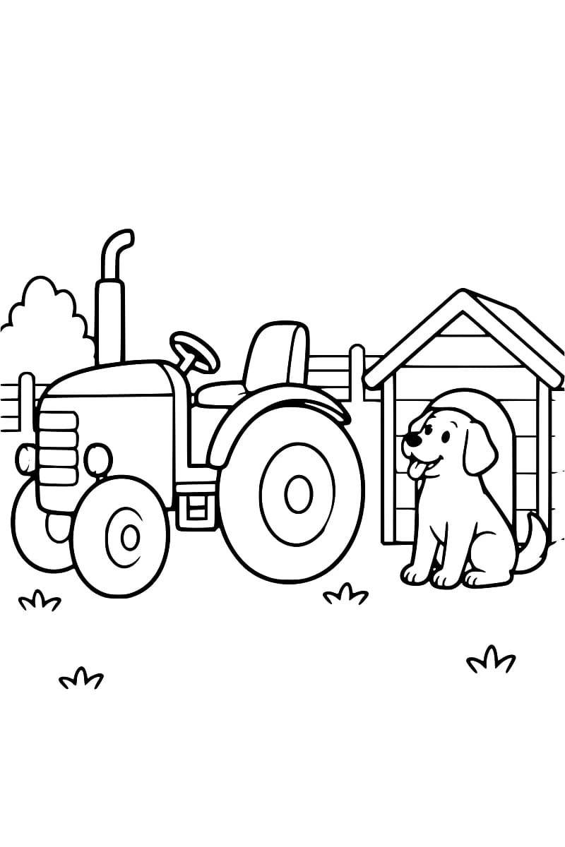 Dessin en noir et blanc d’un tracteur à gauche et d’un chien assis, la langue sortie, devant une niche à droite, avec une clôture et quelques touffes d’herbe.