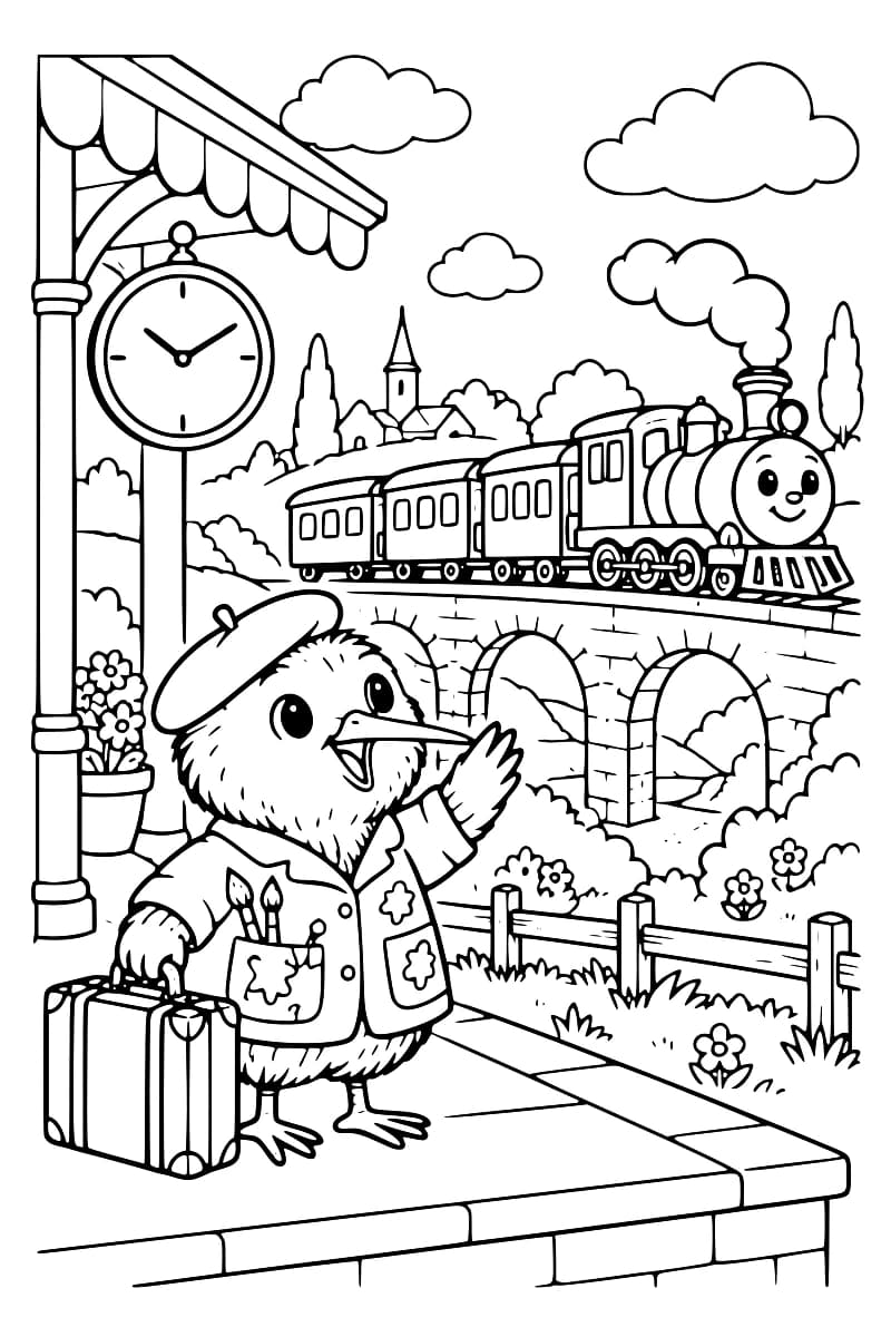 Dessin de coloriage représentant un train à vapeur sur un viaduc, avec un kiwi artiste sur le quai, une horloge et un paysage de campagne.