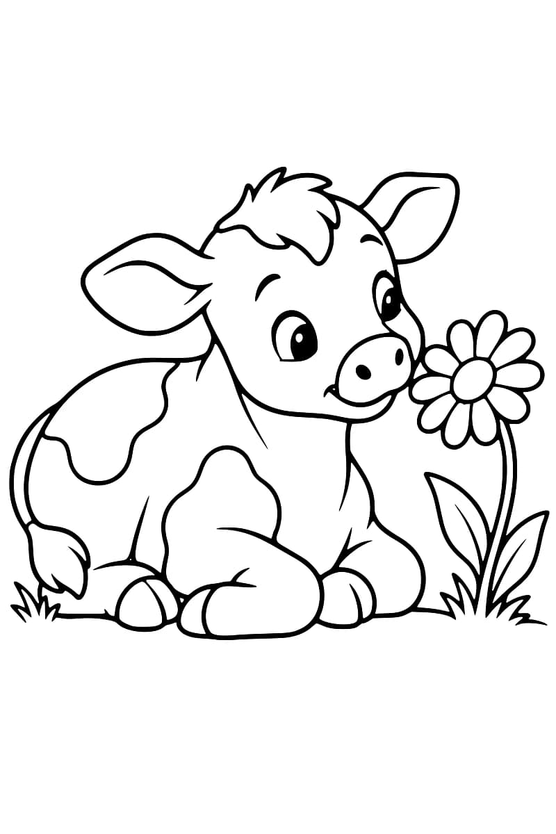 Dessin en noir et blanc d’un veau tacheté aux grandes oreilles, couché près d’une pâquerette à deux feuilles, avec quelques touffes d’herbe.