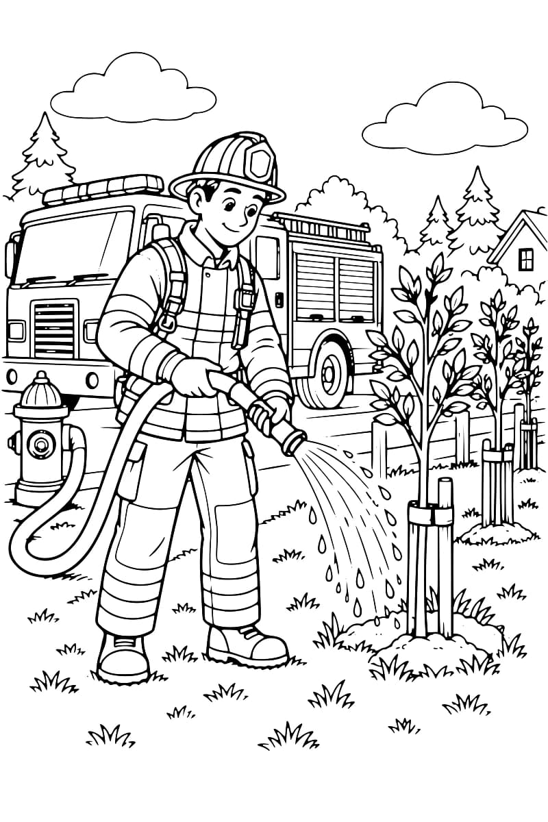 Dessin en noir et blanc montrant un pompier arrosant de jeunes arbres devant un camion de pompiers, avec une bouche d’incendie à proximité.