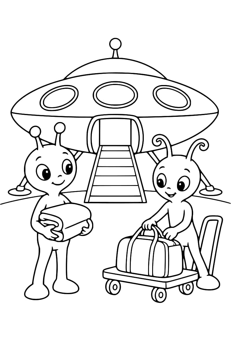 Dessin au trait noir sur fond blanc de deux extraterrestres devant une soucoupe à trois hublots et à la rampe abaissée : celui de gauche porte une couverture pliée, tandis que celui de droite tient les anses d’un sac posé sur un chariot à roulettes.