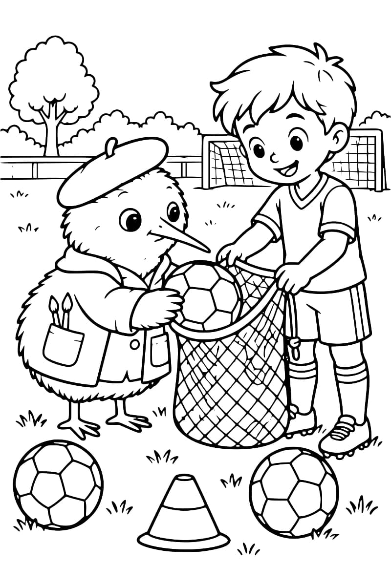 Dessin à colorier d’un oiseau portant un béret et une veste avec des pinceaux, qui place un ballon de football dans un sac en filet tenu par un enfant ; deux autres ballons et un cône sont au sol, devant un but.